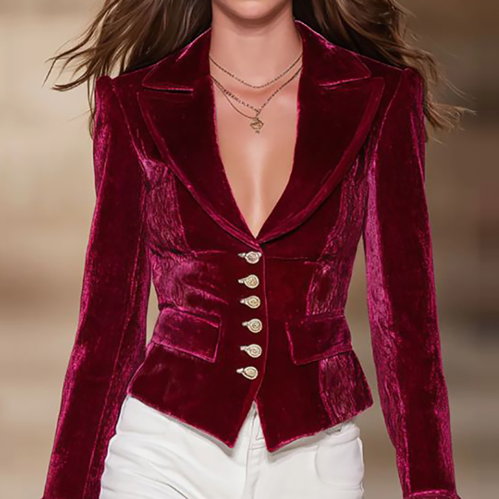 Velvet Blazer Vintage - Women's Elegant Velvet Blazer Burgundy Single-Breasted