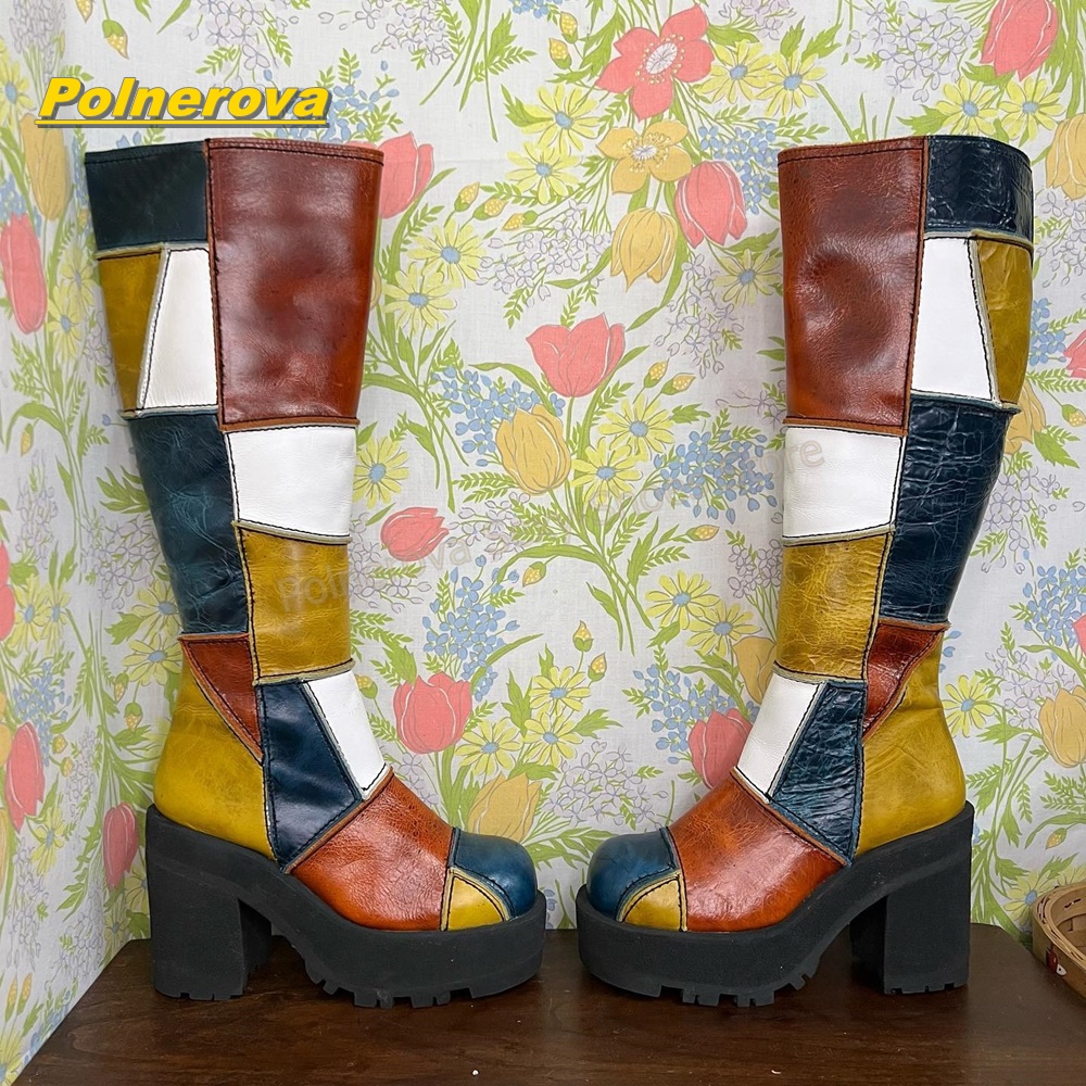 Vintage Fashion In 2026 - Women Retro Patchwork Leather Knee High
