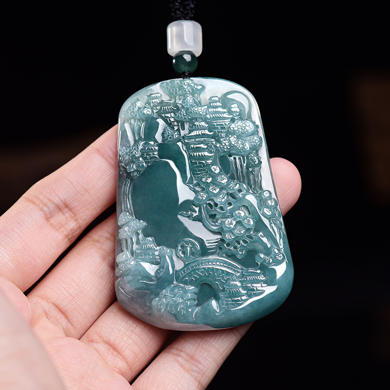 Vintage Fashion For Women - Natural Burmese Jadeite Scenery Pendant Necklace
