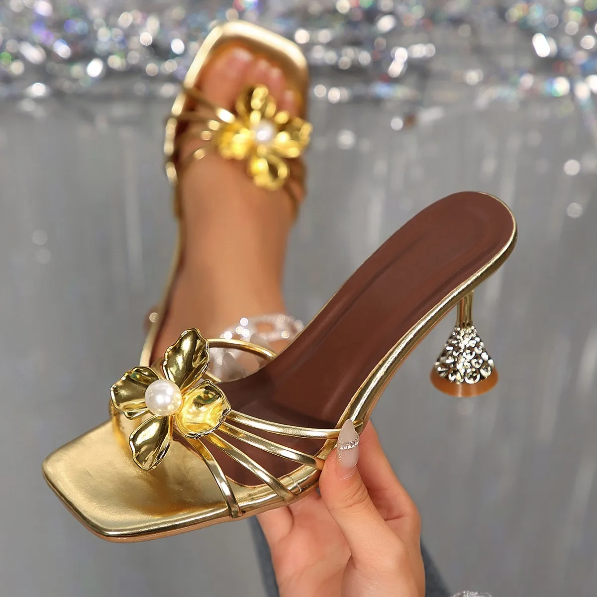 Vintage Slip Dress - Vintage Metal Flower Crystal Cone Heel