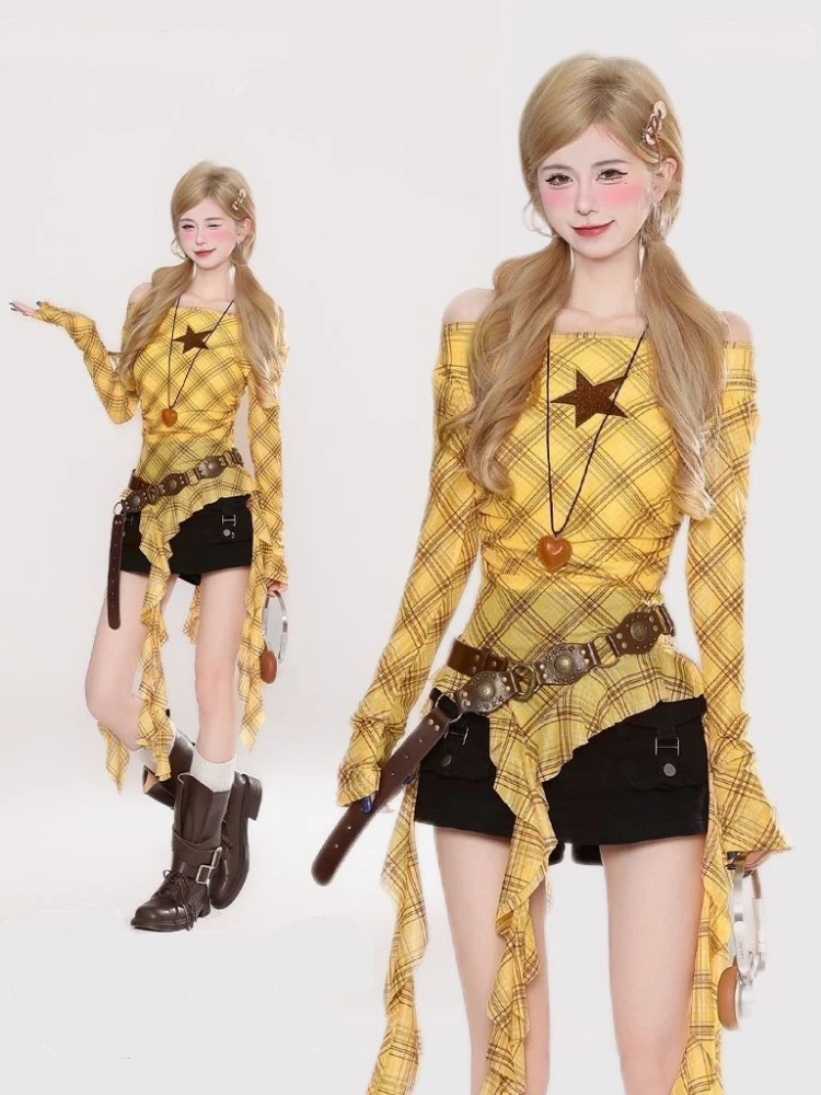 Y2K Plaid Slash Neck Vintage T - Vintage Fashion For Women review and price