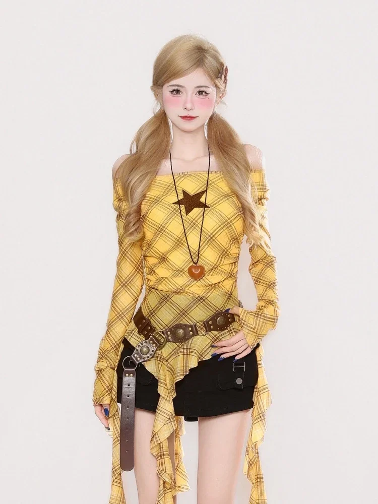 Y2K Plaid Slash Neck Vintage T - Vintage Fashion For Women review and price